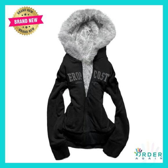 Y2K Zip Up Hoodie Fur Collar Crop Jacket Grunge Streetwear Vintage Polyester - Picture 2 of 8